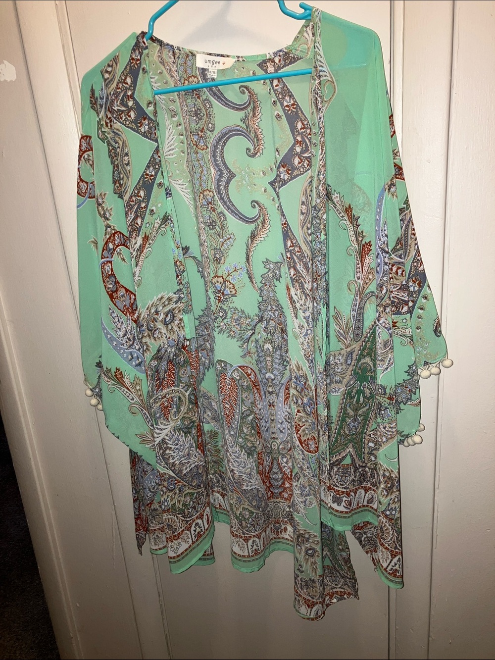 Umgee Mint Paisley High-Low Cover-Up Pom Pom Trim XL